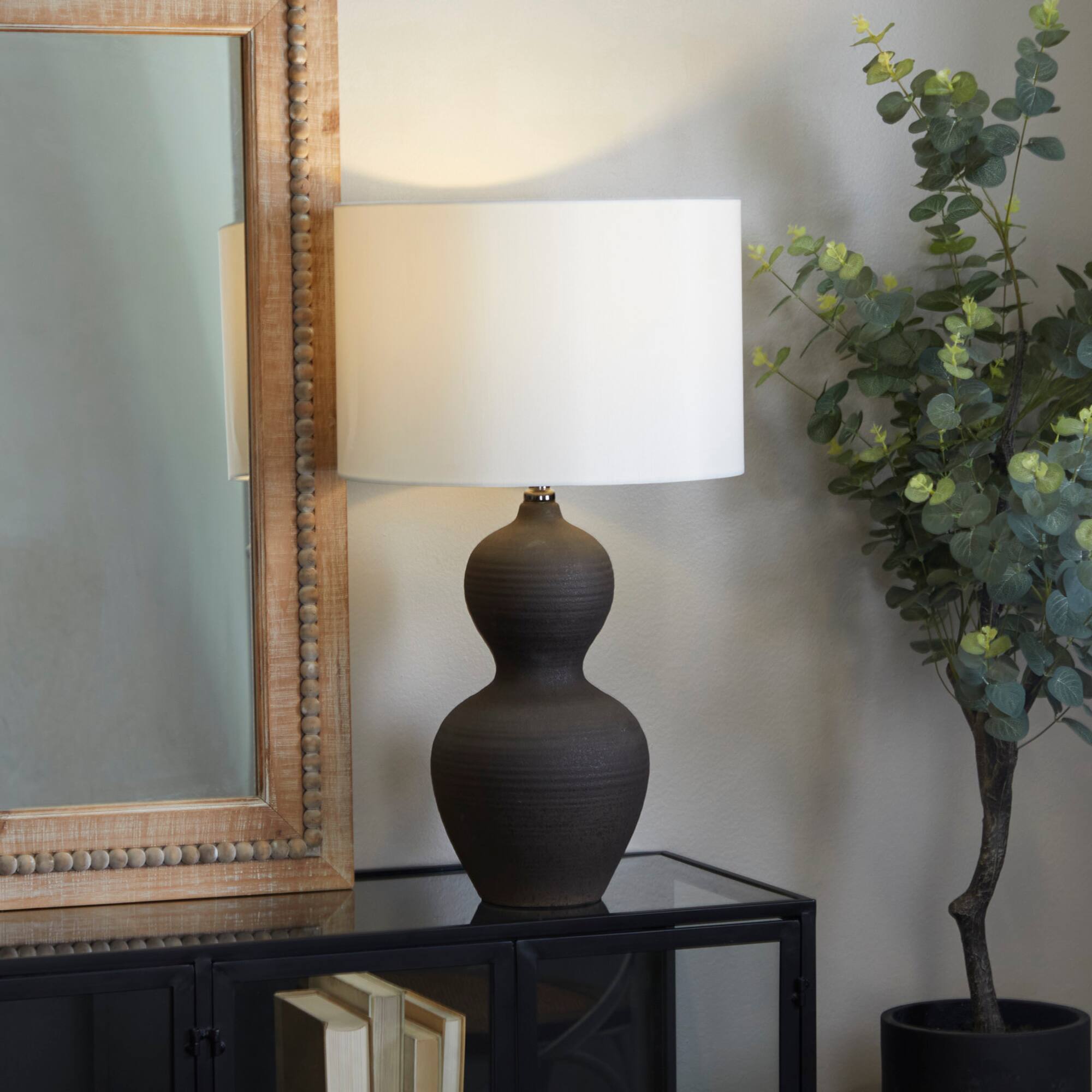 CosmoLiving by Cosmopolitan Black Ceramic Gourd Style Base Table Lamp with Drum Shade 15" x 15" x 26"